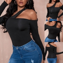Sexy Off-shoulder Long Sleeve Solid Color Irregular T-shirt