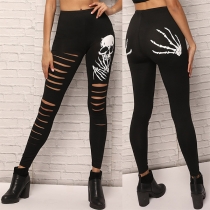 Sexy Hollow Out Skull Head Pattern High Waist Tight Pants