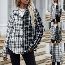 Fashion Contrast Color Plaid Long Sleeve POLO Collar Single-breasted Cardigan Jacket Blazer