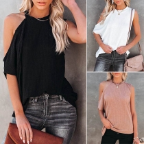 Sexy Off-shoulder Short Sleeve Round Neck Solid Color Loose T-shirt