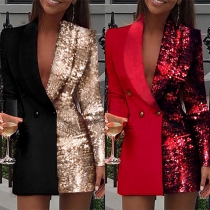 OL Style Long Sleeve Sequin Spliced Double-breasted Slim Fit Blazer Coat