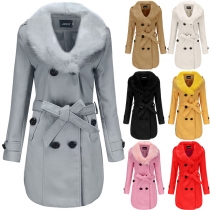 Fashion Solid Color Faux Fur Collar Long Sleeve Double-breasted Woolen Coat