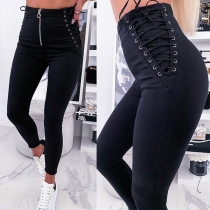 Fashion High Waist Solid Color Side Lace-up Slim Fit Pencil Pants