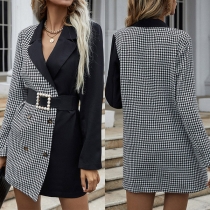 OL Style Long Sleeve Contrast Color Plaid Double-breasted Suit Coat