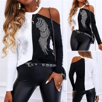 Sexy Off-shoulder Long Sleeve Contrast Color Wing Printed T-shirt