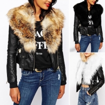 Fashion Faux Fur Collar Long Sleeve Short-style PU Leather Jacket Coat
