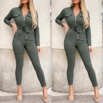 Fashion Solid Color Long Sleeve High Waist Slim Fit Army Green Jumpsuit with Waist Strap