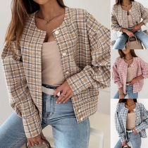 Fashion Long Sleeve Round Neck Single-breasted Plaid Jacket
