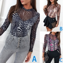 Sexy See-through Gauze Spliced Long Sleeve Round Neck Printed Tight T-shirt