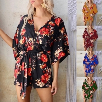 Sexy V-neck Half Sleeve Tie-belt Printed Romper
