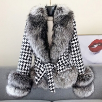 Fashion Faux Fur Collar Long Sleeve Houndstooth Coat