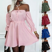 Sexy Off-shoulder Boat Neck Long Sleeve High Waist Solid Color Dress