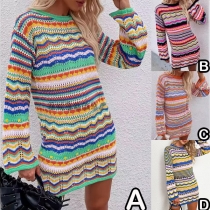 Fashion Long Sleeve Round Neck Rainbow Stripe Knit Dress