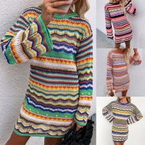 Fashion Long Sleeve Round Neck Rainbow Stripe Knit Dress