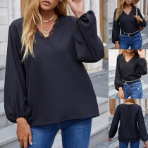 Fashion Lace Spliced V-neck Lantern Sleeve Solid Color Loose T-shirt