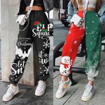 Casual Style Elastic Waist Loose Christmas Printed Harem Pants