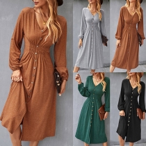 Sexy V-neck Long Sleeve High Waist Front-button Solid Color Dress