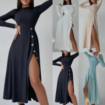Sexy Slit Hem Long Sleeve Round Neck Solid Color High Waist Dress
