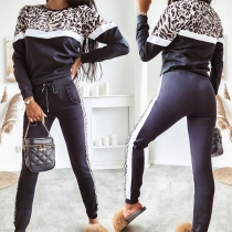 Fashion Leopard Spliced Long Sleeve Round Neck Sweatshirt + Pants Two-piece Set