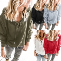 Fashion Solid Color Long Sleeve Lace-up V-neck Hooded Loose Sweatshirt