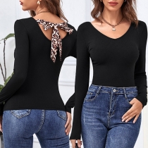 Fashion Leopard Spliced Lace-up Bow-knot Long Sleeve V-neck Slim Fit T-shirt