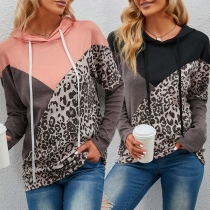 Fashion Leopard Spliced Long Sleeve Hooded Contrast Color Sweatshirt