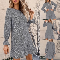 Fresh Style Long Sleeve Round Neck Ruffle Hem Printed Dress