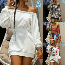 Sexy Oblique Shoulder Long Sleeve Lace-up High Waist Printed Sweatshirt Dress