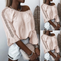 Sexy Boat Neck Lace Spliced 3/4 Sleeve Solid Color Top