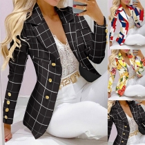 OL Style Long Sleeve Double-breasted Slim Fit Printed Blazer