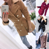 Fashion Solid Color Double-breasted Notched Lapel Slim Fit Woolen Coat