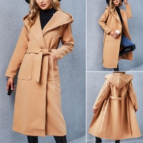 Elegant Solid Color Long Sleeve Lapel Slim Fit Woolen Coat with Waist Strap