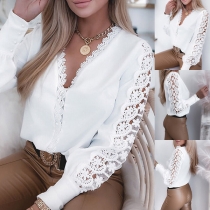 Sexy Lace Spliced V-neck Long Sleeve Solid Color Blouse Top (No Elastic)