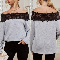 Sexy Lace Spliced Boat Neck Long Sleeve Loose T-shirt