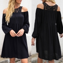 Sexy Off-shoulder Long Sleeve Lace Spliced Solid Color Dress