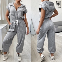Casual Style Short Sleeve Elastic High Waist Hooded Solid Color Jumpsuit