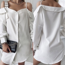 Sexy Off-shoulder Long Sleeve Single-breasted Solid Color Sling Shirt Dress