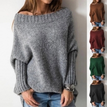 Fashion Solid Color Boat Neck Dolman Sleeve Loose Knit Sweater