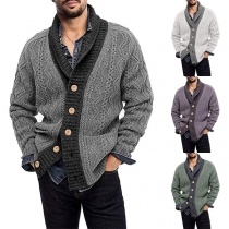 Fashion Contrast Color Long Sleeve Single-breasted Man's Knit Cardigan