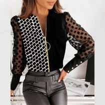 Fashion Gauze Dots Printed Long Sleeve Front-zipper Contrast Color Top