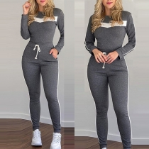 Fashion Contrast Color Long Sleeve Round Neck Top + Pants Two-piece Set