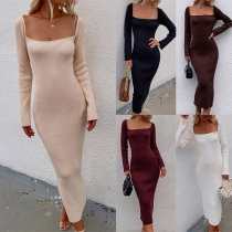Sexy Backless Back Lace-up Square Collar Long Sleeve Solid Color Knit Dress
