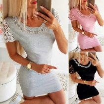 Fashion Lace Spliced Short Sleeve Beaded Round Neck Slim Fit Dress