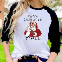 Cute Christmas Letters Printed Contrast Color Long Sleeve Round Neck T-shirt