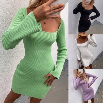 Sexy Lace-up Backless Square Collar Long Sleeve Solid Color Slim Fit Knit Dress