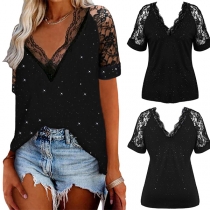 Sexy Lace Spliced Short Sleeve V-neck Solid Color T-shirt