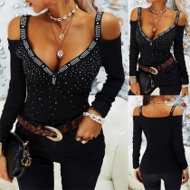 Sexy Off-shoulder V-neck Long Sleeve Slim Fit Rhinestone T-shirt
