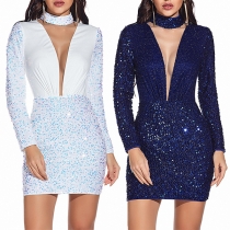 Sexy See-through Gauze Spliced Long Sleeve Slim Fit Sequin Party Dress