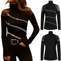 Sexy Gauze Spliced Long Sleeve High Collar Rhinestone Spliced Sim Fit Bottoming Top