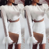 Sexy Trumpet Sleeve Round Neck Lace Spliced Crop Top + High Waist Skirt Two-piece Set